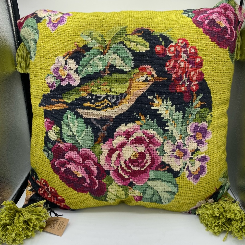 Creative Co-Op embroidered bird pillow tapestry with tassels new 20” square